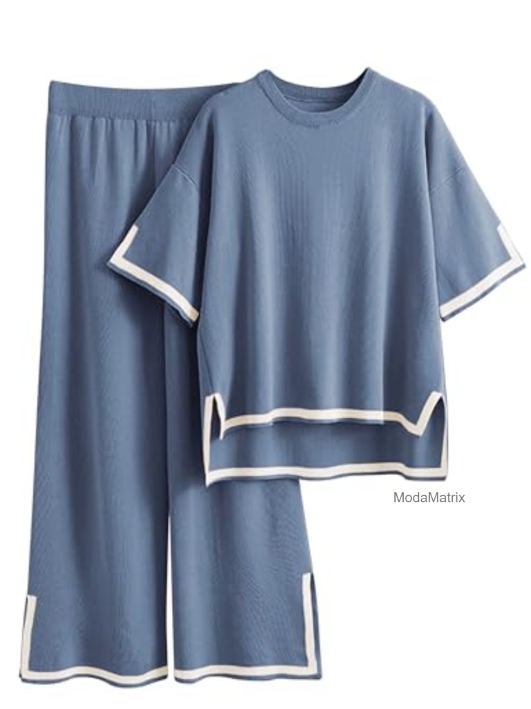 2 Piece Lounge Set Short Sleeve Knit Pullover Top Wide Leg Pants Set